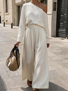 SHEIN Women Fall Asymmetrical Off Shoulder Long Sleeve Top Wide Leg Pants Two Piece Set With Waist Belt For Vacation Daily Casual Linen Look Outfit - Apricot - View 2