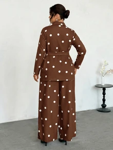 Firerie Plus Size Women's Polka Dot Pattern Long Sleeve Jacket And Pants Elegant Suit Set - Brown - View 3