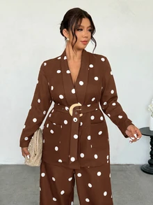 Firerie Plus Size Women's Polka Dot Pattern Long Sleeve Jacket And Pants Elegant Suit Set - Brown - View 4