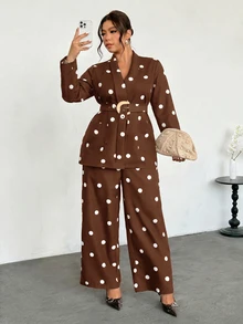 Firerie Plus Size Women's Polka Dot Pattern Long Sleeve Jacket And Pants Elegant Suit Set - Brown - View 8