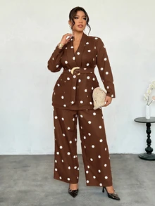 Firerie Plus Size Women's Polka Dot Pattern Long Sleeve Jacket And Pants Elegant Suit Set - Brown - View 5