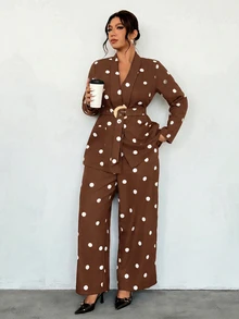 Firerie Plus Size Women's Polka Dot Pattern Long Sleeve Jacket And Pants Elegant Suit Set - Brown - View 7