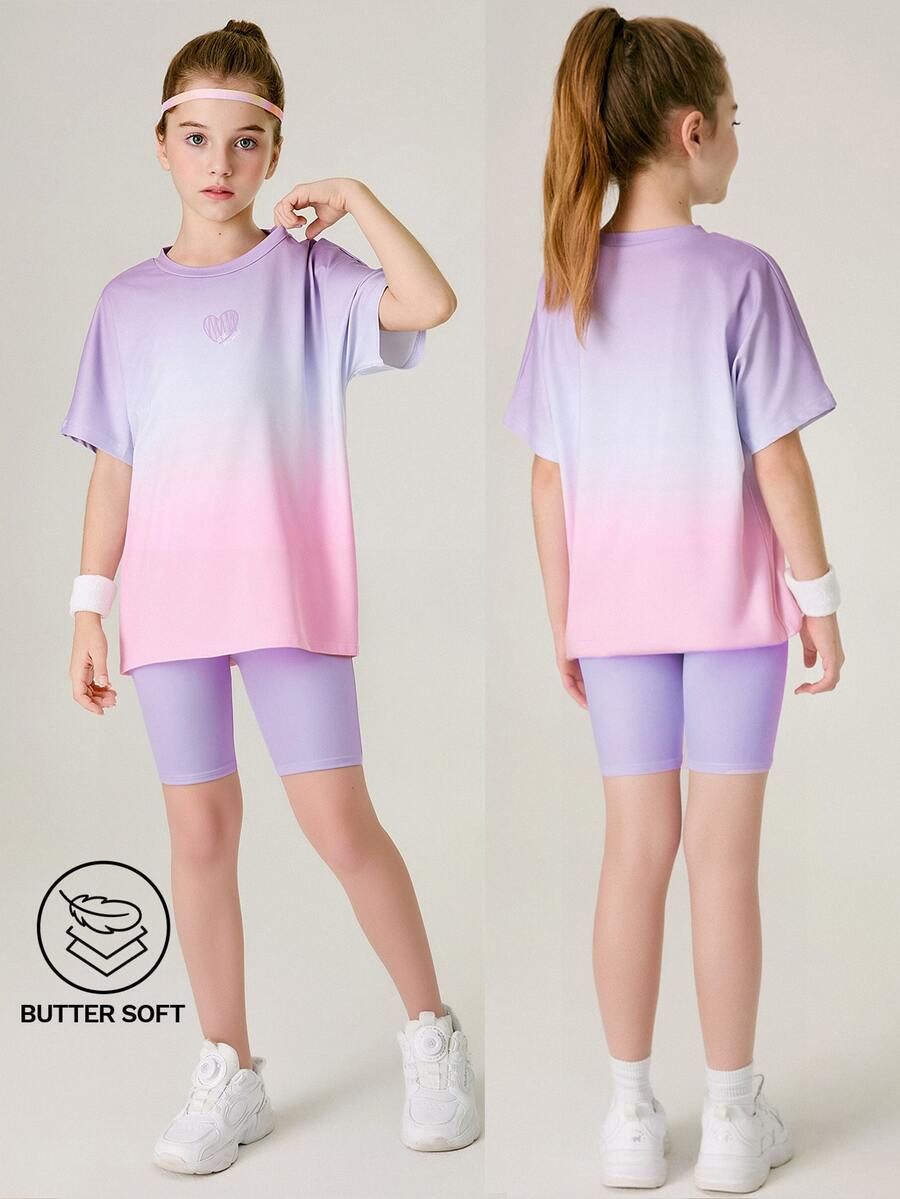 SHEIN Tween 女孩 2 件套服装:渐变色撞色插肩袖针织圆领 T 恤,带有可爱的心形和字母印花 + 纯色修身短裤,运动优雅的校园风格 - 紫色 - 查看 1