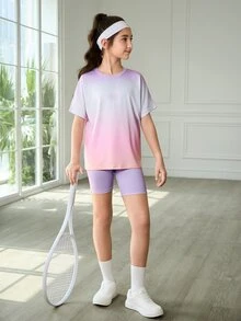 SHEIN Tween 女孩 2 件套服装：渐变色撞色插肩袖针织圆领 T 恤，带有可爱的心形和字母印花 + 纯色修身短裤，运动优雅的校园风格 - 紫色 - 查看 6