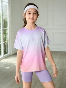 SHEIN Tween 女孩 2 件套服装：渐变色撞色插肩袖针织圆领 T 恤，带有可爱的心形和字母印花 + 纯色修身短裤，运动优雅的校园风格 - 紫色 - 查看 3