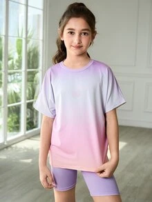 SHEIN Tween 女孩 2 件套服装：渐变色撞色插肩袖针织圆领 T 恤，带有可爱的心形和字母印花 + 纯色修身短裤，运动优雅的校园风格 - 紫色 - 查看 5