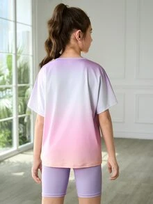 SHEIN Tween 女孩 2 件套服装：渐变色撞色插肩袖针织圆领 T 恤，带有可爱的心形和字母印花 + 纯色修身短裤，运动优雅的校园风格 - 紫色 - 查看 2