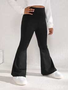 SHEIN Tween Girl Solid Flare Leg Active Pants Workout Black Jogging Exercise Horse Riding Work Out, Autumn Winter, Fall, Back To School, Yoga, Running, Gym - Black - View 7