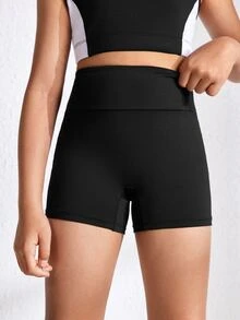 SHEIN Tween Girls Yoga/Exercise Shorts, Soft Stretchy Black, Autumn Winter, Fall, Back To School, Running, Cycling, Gym, Training, High Waist, Active - Black - View 3