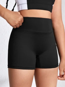 SHEIN Tween Girls Yoga/Exercise Shorts, Soft Stretchy Black, Autumn Winter, Fall, Back To School, Running, Cycling, Gym, Training, High Waist, Active - Black - View 4