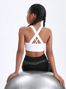 SHEIN Tween Girls Solid Color Round Neck Criss-Cross Back Sports Tank Top - White - View 2