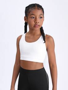 SHEIN Tween Girls Solid Color Round Neck Criss-Cross Back Sports Tank Top - White - View 3