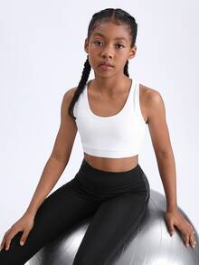 SHEIN Tween Girls Solid Color Round Neck Criss-Cross Back Sports Tank Top - White - View 4