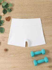 SHEIN Sparklyn Tween Girl Solid Color High-Waisted Sports Shorts, Autumn Winter, Fall, Back To School, Running, Cycling, Gym, Training, Yoga, Moisture Wicking - White - View 6