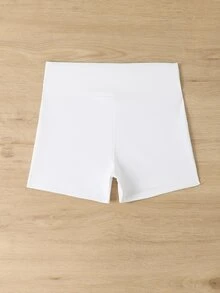 SHEIN Sparklyn Tween Girl Solid Color High-Waisted Sports Shorts, Autumn Winter, Fall, Back To School, Running, Cycling, Gym, Training, Yoga, Moisture Wicking - White - View 2