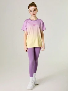 SHEIN 2 件青少年女孩 T 恤 + 紧身裤套装，瑜伽运动跑步健身弹性彩色校园街头时尚运动服 - 紫丁香色 - 查看 6