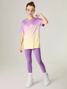 SHEIN 2 件青少年女孩 T 恤 + 紧身裤套装，瑜伽运动跑步健身弹性彩色校园街头时尚运动服 - 紫丁香色 - 查看 7