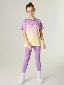 SHEIN 2 件青少年女孩 T 恤 + 紧身裤套装，瑜伽运动跑步健身弹性彩色校园街头时尚运动服 - 紫丁香色 - 查看 5