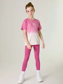 SHEIN Tween Girls 2pcs Set T-Shirt + Legging Pants, Elastic Yoga/Exercise/Running Activewear, Colorful Campus/Street Fashion Sportswear - Multicolor - View 6