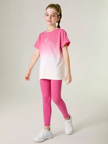 SHEIN Tween Girls 2pcs Set T-Shirt + Legging Pants, Elastic Yoga/Exercise/Running Activewear, Colorful Campus/Street Fashion Sportswear - Multicolor - View 5