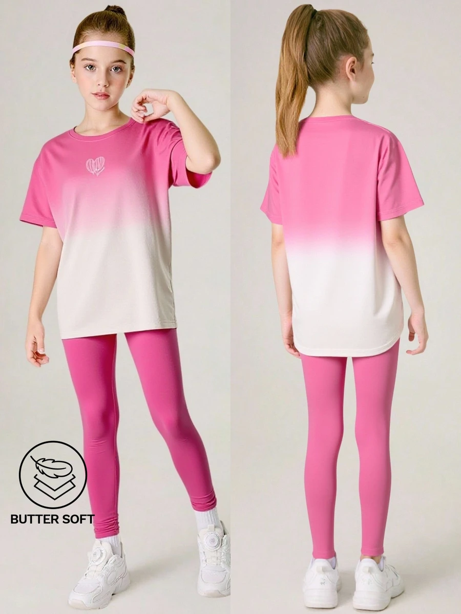 SHEIN Tween Girls 2pcs Set T-Shirt + Legging Pants, Elastic Yoga/Exercise/Running Activewear, Colorful Campus/Street Fashion Sportswear - Multicolor - View 1