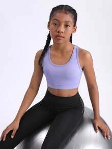 SHEIN Girls' Light Purple Criss-Cross Short Solid Color Tank Top, Base Layer For Running, Fitness, Jump Rope, Yoga, Sports, Back-Showing - Mauve Purple - View 4
