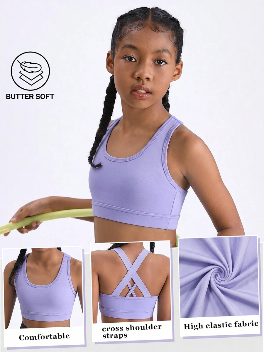 SHEIN Girls' Light Purple Criss-Cross Short Solid Color Tank Top, Base Layer For Running, Fitness, Jump Rope, Yoga, Sports, Back-Showing - Mauve Purple - View 1