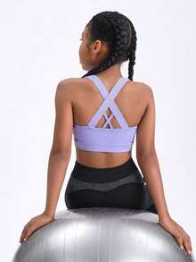 SHEIN Girls' Light Purple Criss-Cross Short Solid Color Tank Top, Base Layer For Running, Fitness, Jump Rope, Yoga, Sports, Back-Showing - Mauve Purple - View 2