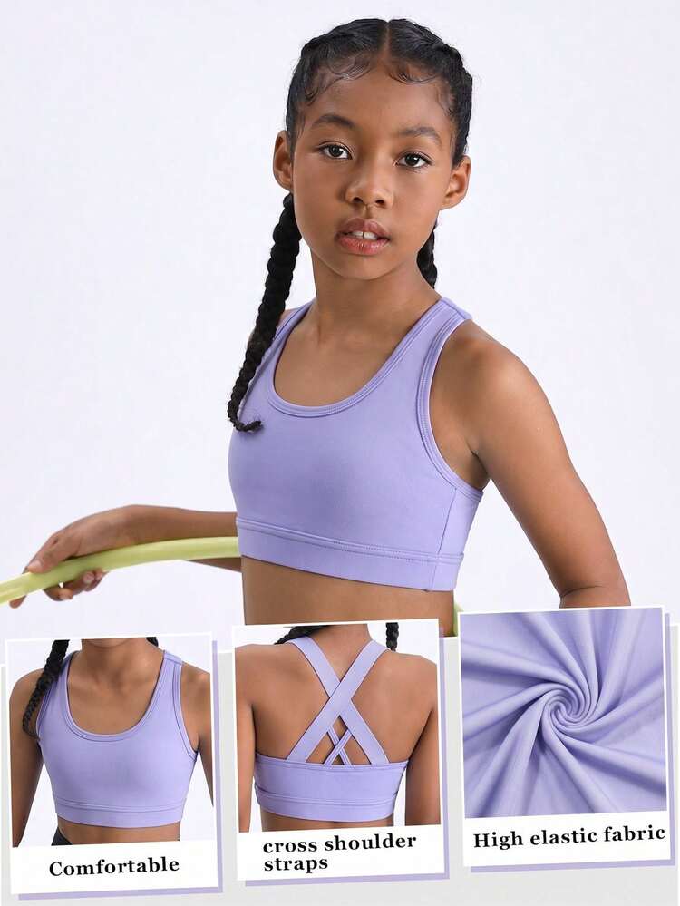 SHEIN Girls' Light Purple Criss-Cross Short Solid Color Tank Top, Base Layer For Running, Fitness, Jump Rope, Yoga, Sports, Back-Showing - Mauve Purple - View 6
