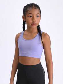 SHEIN Girls' Light Purple Criss-Cross Short Solid Color Tank Top, Base Layer For Running, Fitness, Jump Rope, Yoga, Sports, Back-Showing - Mauve Purple - View 3