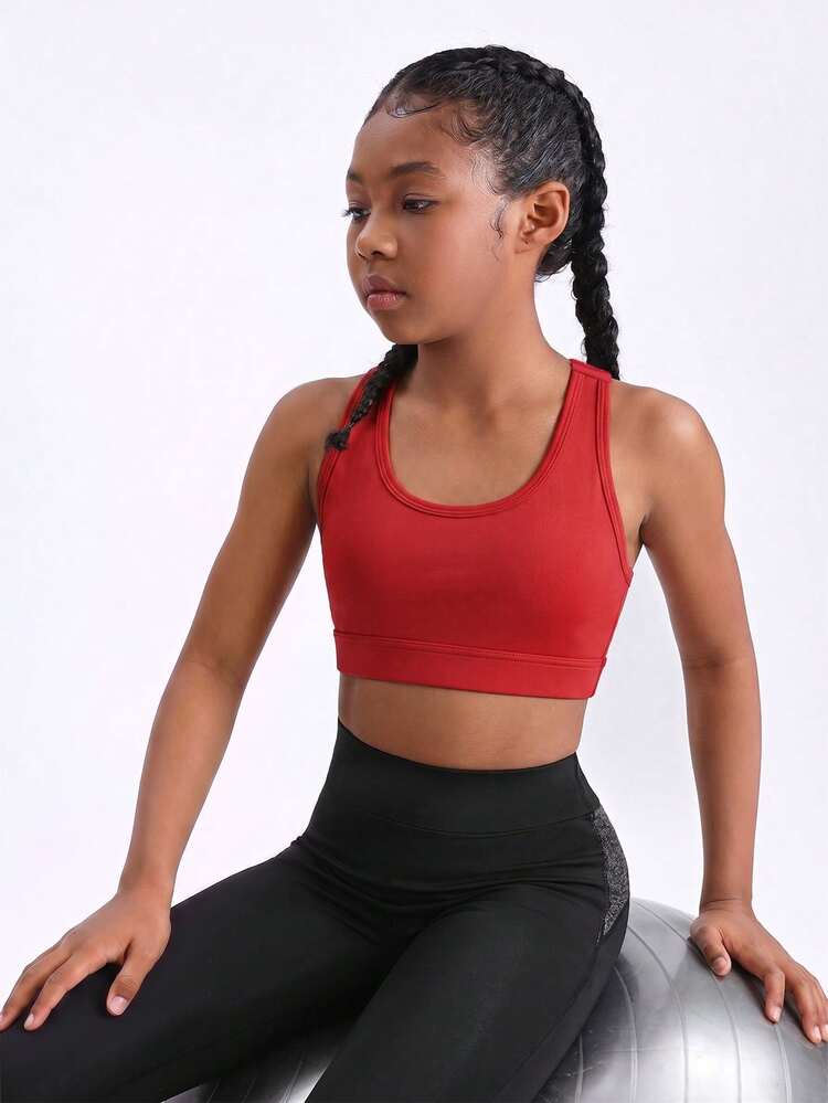 SHEIN Tween Girl Solid Color Criss-Cross Back Sports Tank Top - Red - View 5