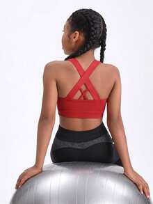SHEIN Tween Girl Solid Color Criss-Cross Back Sports Tank Top - Red - View 2