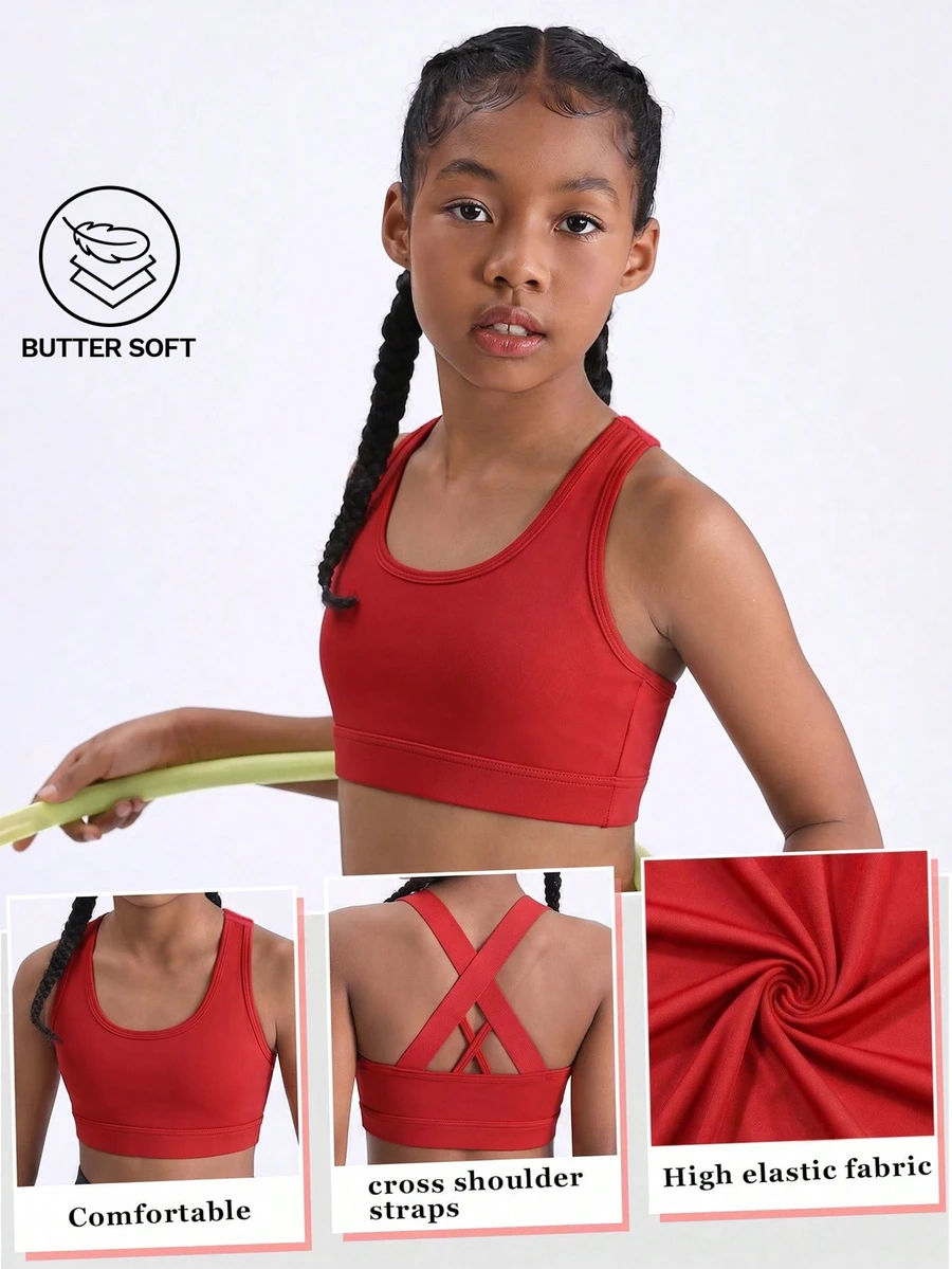 SHEIN Tween Girl Solid Color Criss-Cross Back Sports Tank Top - Red - View 1