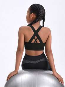 Tween Girl Solid Color Minimalist Fashion Casual Daily Cross-Strap Sportswear - Black - View 3