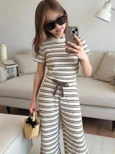 SHEIN 2pcs/Set Young Girl Striped Knit Crew Neck Casual T-Shirt And Slim Fit Pants Set, Children Clothing Outfit