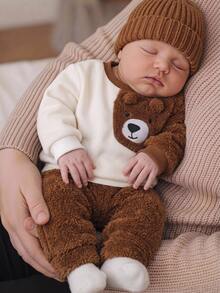 Cozy Pixies Newborn Baby Girl Color Bear Pattern Fleece Lined Thick Crew Neck Long Sleeve Pullover Sweatshirt And Elastic Waist Long Winter Pants 2-Piece Set - Brown - View 8