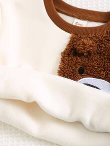Cozy Pixies Newborn Baby Girl Color Bear Pattern Fleece Lined Thick Crew Neck Long Sleeve Pullover Sweatshirt And Elastic Waist Long Winter Pants 2-Piece Set - Brown - View 3