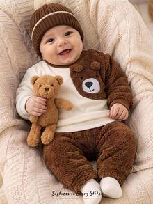 Cozy Pixies Newborn Baby Girl Color Bear Pattern Fleece Lined Thick Crew Neck Long Sleeve Pullover Sweatshirt And Elastic Waist Long Winter Pants 2-Piece Set - Brown - View 7