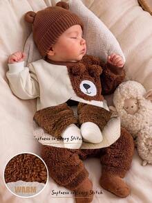 Cozy Pixies Newborn Baby Girl Color Bear Pattern Fleece Lined Thick Crew Neck Long Sleeve Pullover Sweatshirt And Elastic Waist Long Winter Pants 2-Piece Set - Brown - View 1