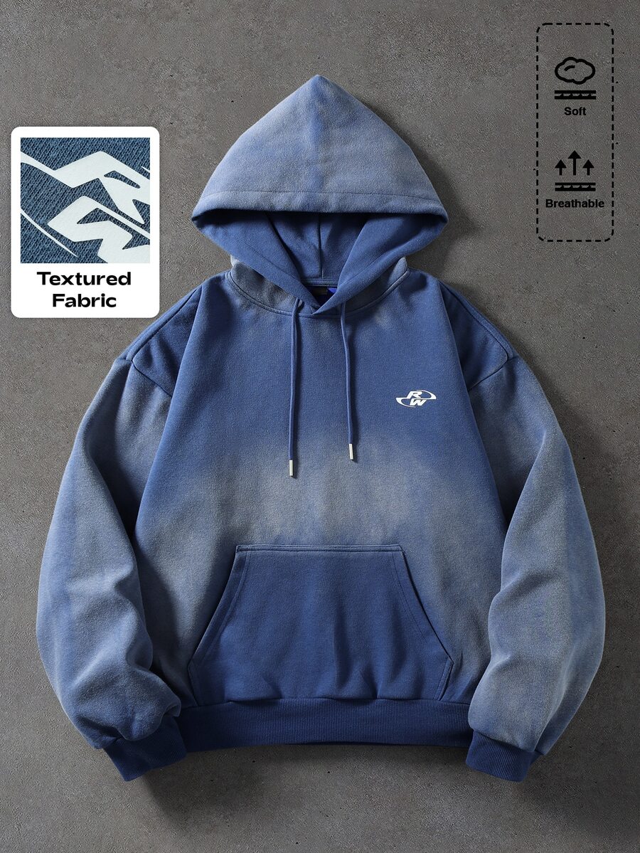 ROMWE MEN Street Life Men's Streetwear Geometric Print Long Sleeve Casual Drawstring Hoodie - Blue - View 1