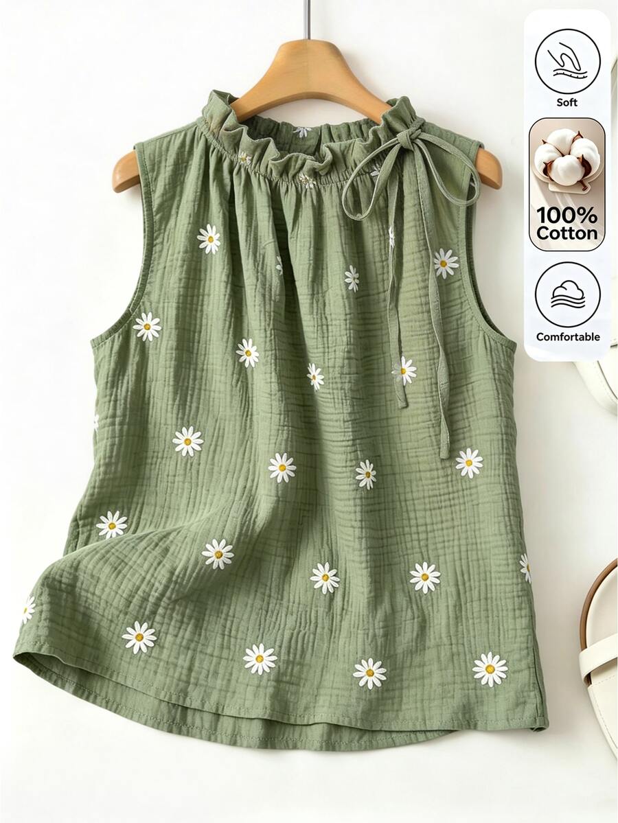 GlowEve CURVE Summer Fashion Casual Vacation French Vintage Elegant Commuter Drawstring Tie Floral Print Shirt - Green - View 1