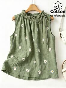 GlowEve CURVE Summer Fashion Casual Vacation French Vintage Elegant Commuter Drawstring Tie Floral Print Shirt - Green - View 4