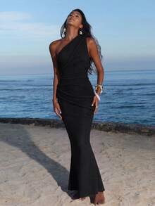 Opulessa Spring/Summer Vacation Knit One-Shoulder Fitted Dress For Women - Black - View 6