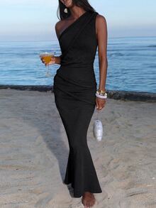 Opulessa Spring/Summer Vacation Knit One-Shoulder Fitted Dress For Women - Black - View 3