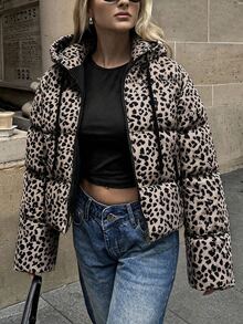 Pariaura Stylish Leopard Printed, Premium Quality Keep Warm Feature Puffer Winter Coat - Black - View 2
