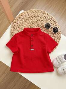 Baby Boy Red Round Neck Short Sleeve Tee Regular Sleeve Semi Sheer Polyester Graphic Everyday Casual Button Front Top - Red - View 6