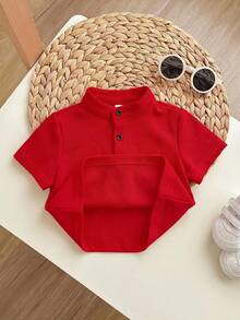 Baby Boy Red Round Neck Short Sleeve Tee Regular Sleeve Semi Sheer Polyester Graphic Everyday Casual Button Front Top - Red - View 4