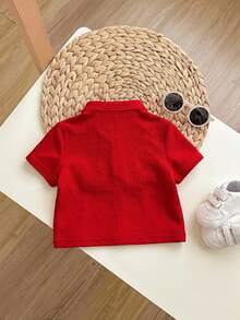 Baby Boy Red Round Neck Short Sleeve Tee Regular Sleeve Semi Sheer Polyester Graphic Everyday Casual Button Front Top - Red - View 2