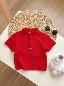 Baby Boy Red Round Neck Short Sleeve Tee Regular Sleeve Semi Sheer Polyester Graphic Everyday Casual Button Front Top - Red - View 3