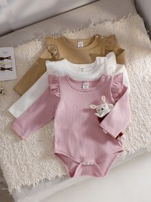 SHEIN 3pcs/Set Baby Girls' Casual Ribbed Basic Shoulder Snap Ruffle Trim Long Sleeve Bodysuits, Autumn/Winter Fall - Multicolor - View 7